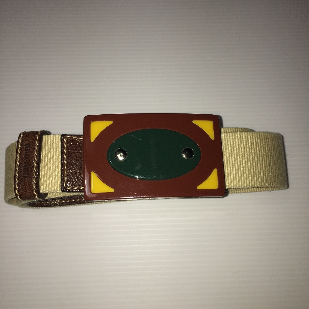 Miu Miu Tan Brown Canvas & Leather Belt with Multi Colour Buckle Vintage